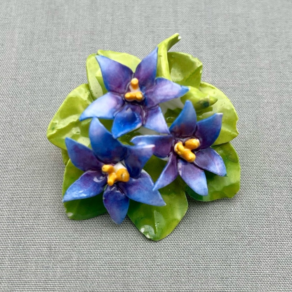 Crown Staffordshire England Bone China Floral Brooch - Forget-me-not